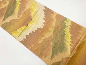 リサイクル　山並みに木々・寺院風景模様織出し袋帯